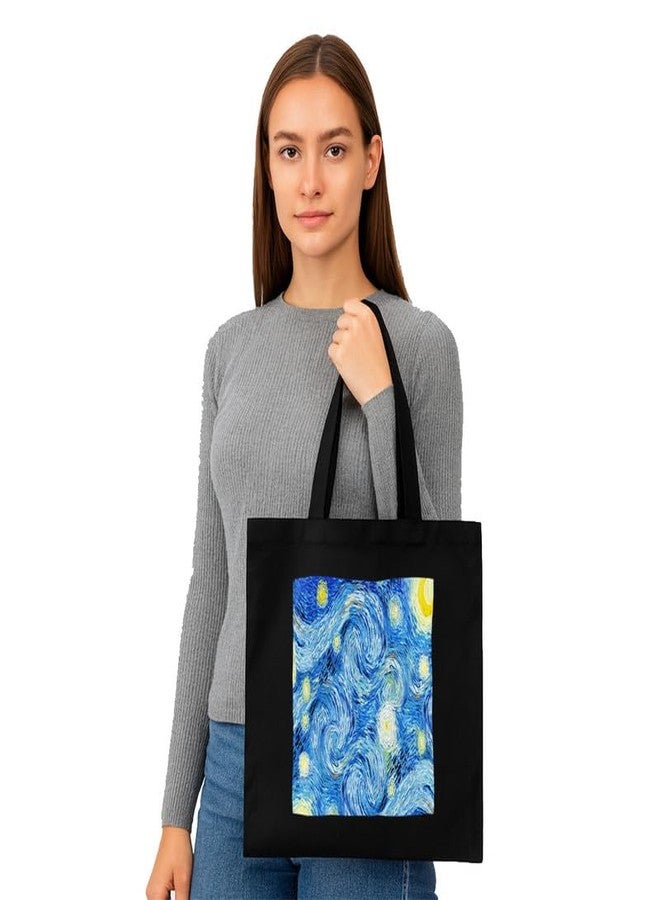 PrintingZone حقيبة تسوق سوداء من PrintingZone مزودة بجيب، حقائب قماشية مطبوعة بتصميمات مميزة للنساء، سعة كبيرة | حقيبة تسوق | للجامعة | للسفر | المزيد من حقائب اليد القماشية للجنسين (BTB199) - Image 2